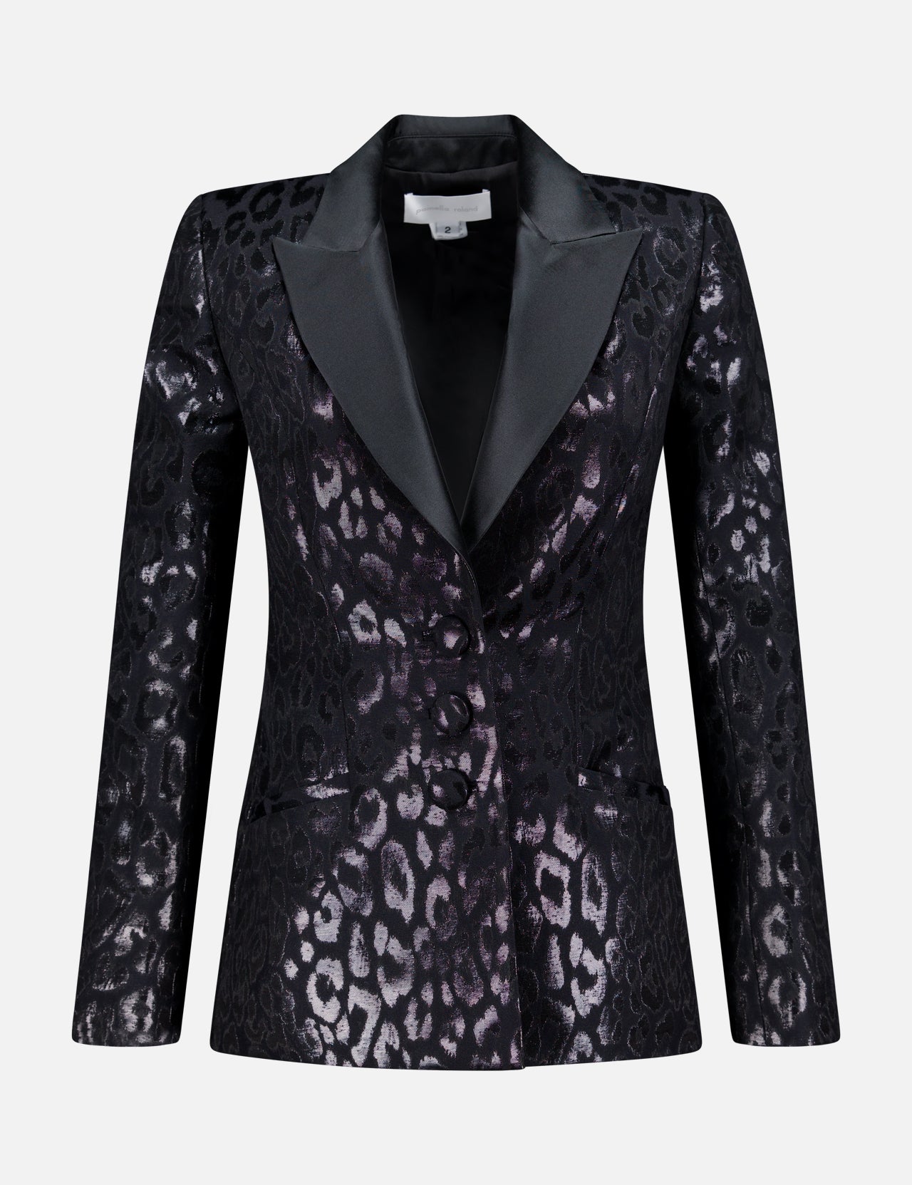 The PAMELLA ROLAND Lurex Jacquard Leopard Print Jacket features a black, metallic animal pattern, satin lapels, two front pockets, and a single-button closure. Shown on a plain light background.