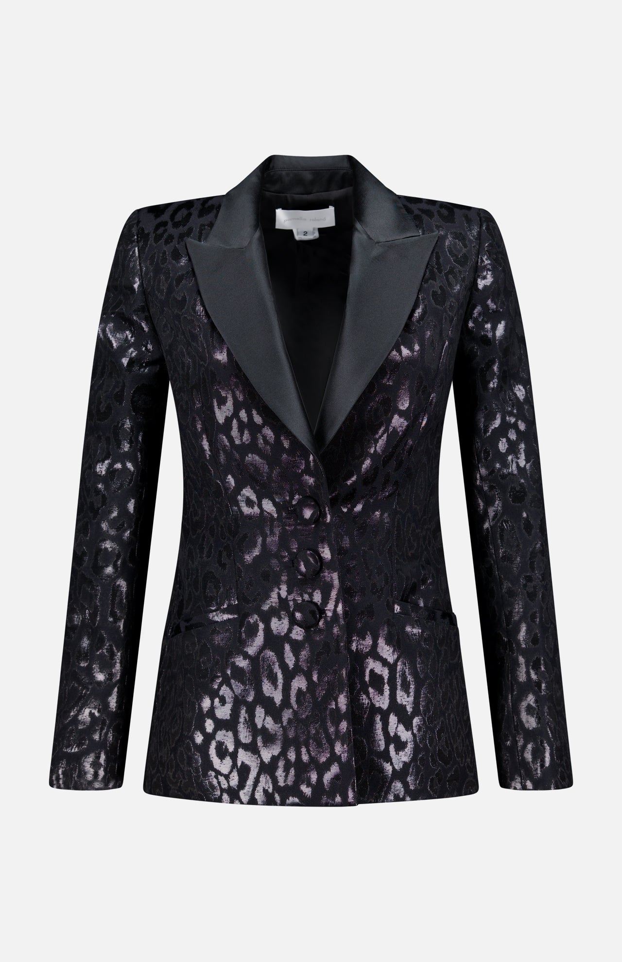 The PAMELLA ROLAND Lurex Jacquard Leopard Print Jacket features a black, metallic animal pattern, satin lapels, two front pockets, and a single-button closure. Shown on a plain light background.
