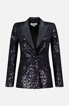 The PAMELLA ROLAND Lurex Jacquard Leopard Print Jacket features a black, metallic animal pattern, satin lapels, two front pockets, and a single-button closure. Shown on a plain light background.