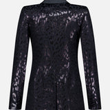 The PAMELLA ROLAND Lurex Jacquard Leopard Print Jacket is a shiny black blazer with a subtle leopard pattern, long sleeves, and a tailored fit, displayed from the back against a plain white background.