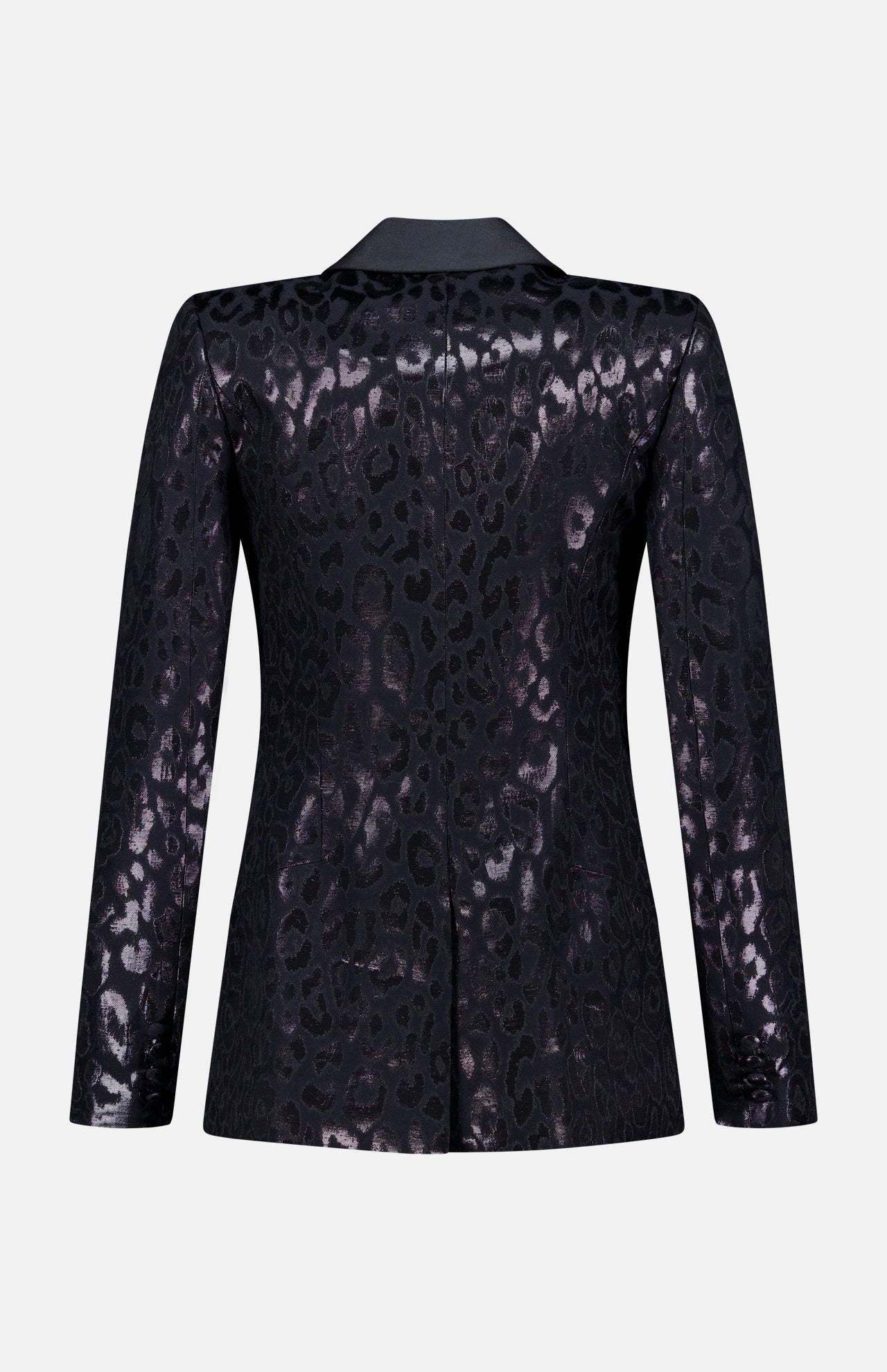The PAMELLA ROLAND Lurex Jacquard Leopard Print Jacket is a shiny black blazer with a subtle leopard pattern, long sleeves, and a tailored fit, displayed from the back against a plain white background.