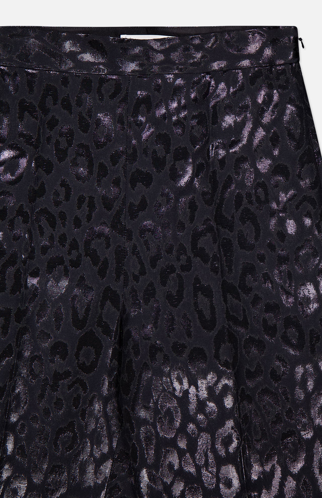 Close-up of PAMELLA ROLAND’s Lurex Jacquard Leopard Print Pant in black, featuring a shiny metallic leopard pattern. The glossy fabric catches the light, and the waistband with side zipper is partially visible.