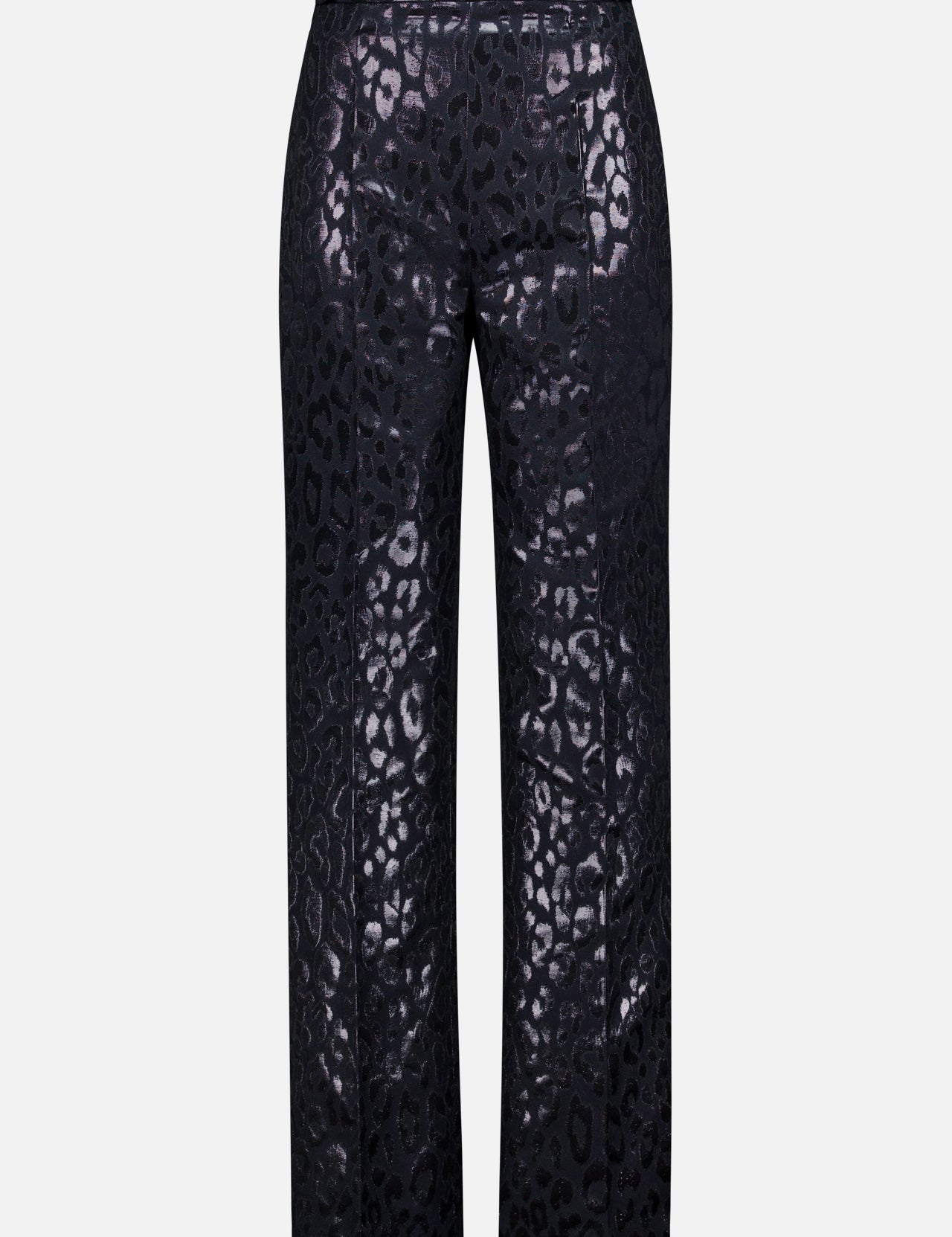 The Lurex Jacquard Leopard Print Pant by PAMELLA ROLAND features a high-waisted, straight-leg cut with a shiny metallic leopard pattern—shown from the back on a white background. Perfect bold statement pants for any wardrobe.