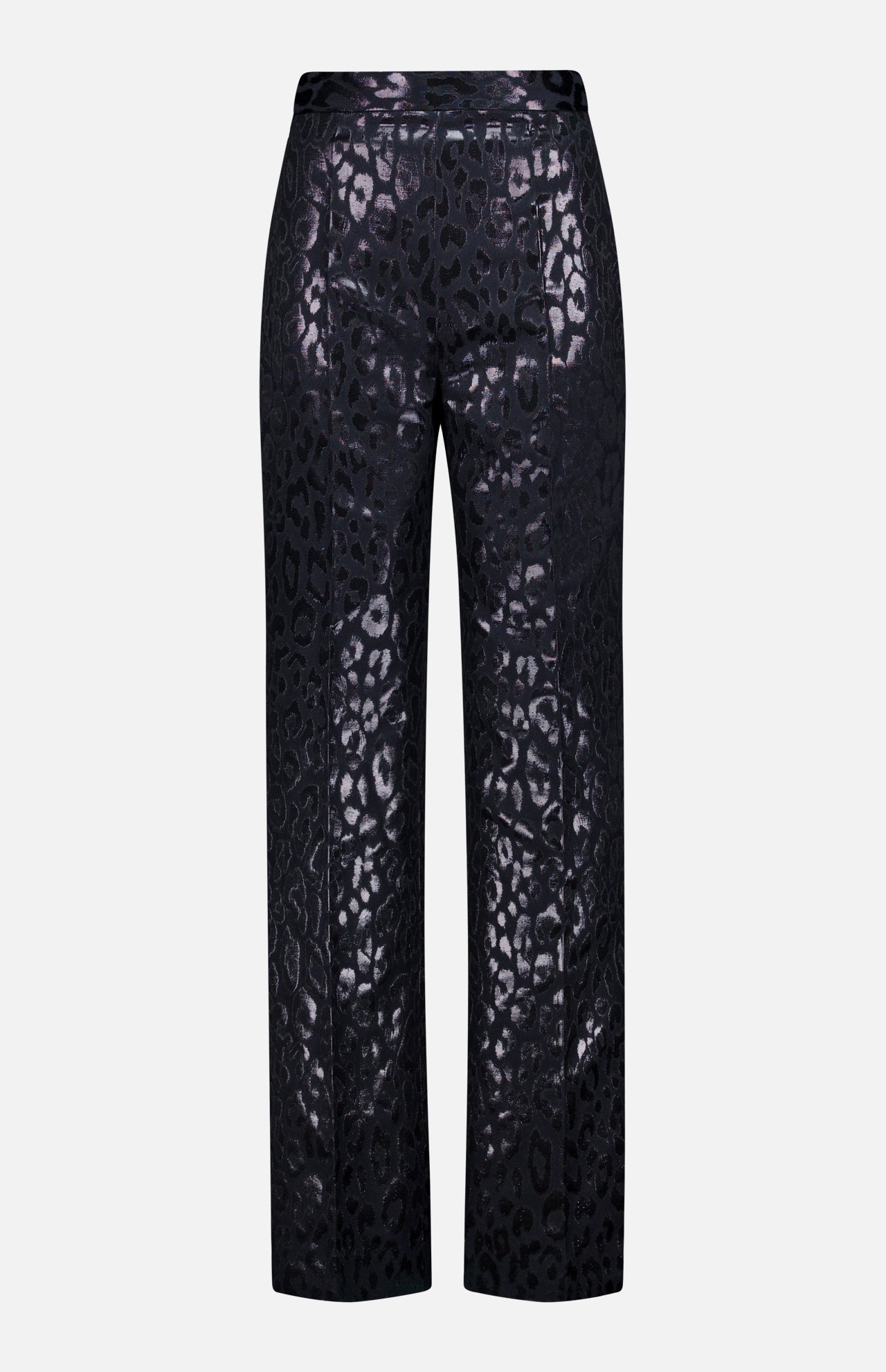 The Lurex Jacquard Leopard Print Pant by PAMELLA ROLAND features a high-waisted, straight-leg cut with a shiny metallic leopard pattern—shown from the back on a white background. Perfect bold statement pants for any wardrobe.