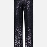 The Lurex Jacquard Leopard Print Pant by PAMELLA ROLAND features a shiny metallic black leopard pattern, making it a bold standout piece against any plain white background.