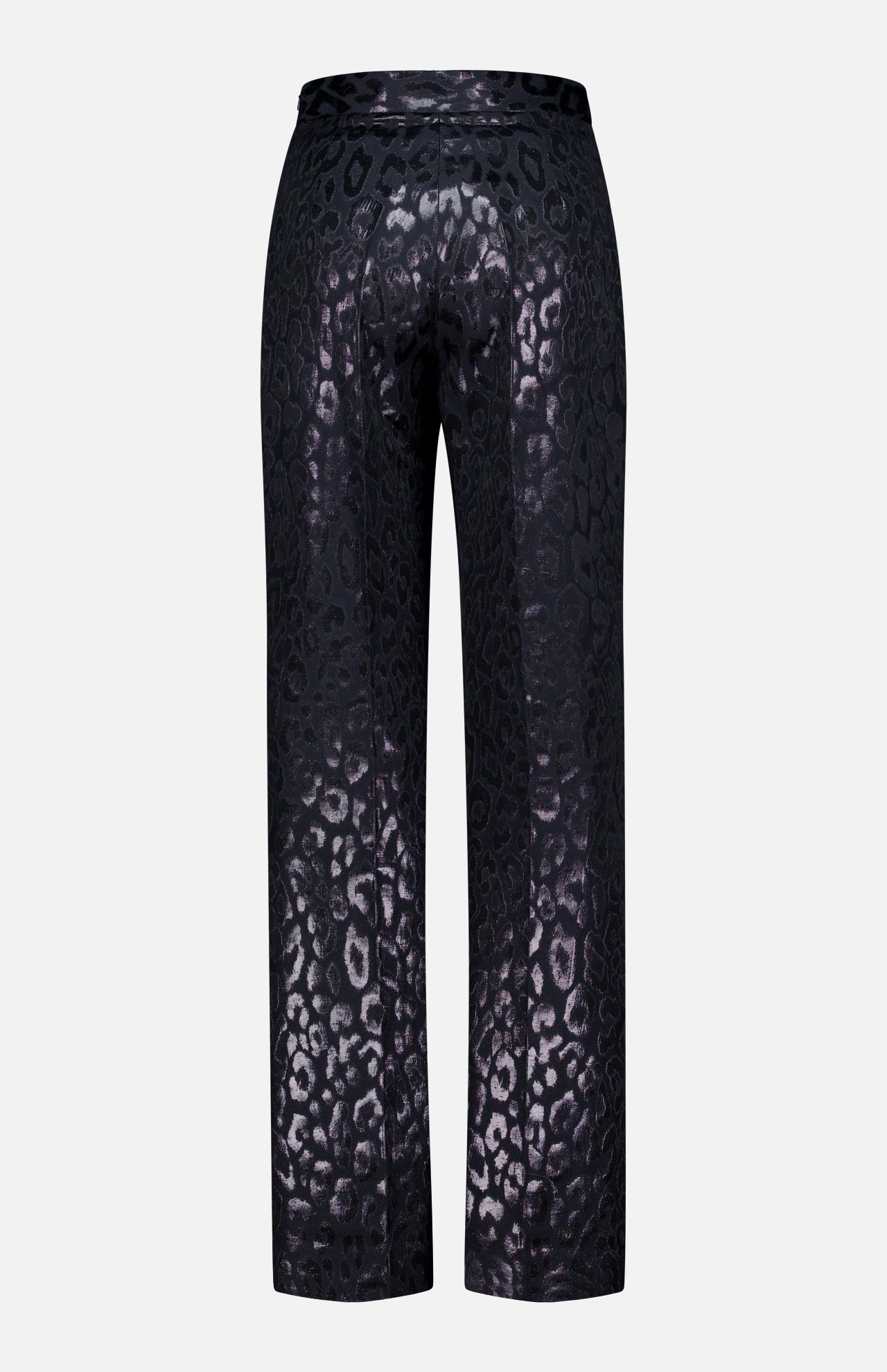 The Lurex Jacquard Leopard Print Pant by PAMELLA ROLAND features a shiny metallic black leopard pattern, making it a bold standout piece against any plain white background.