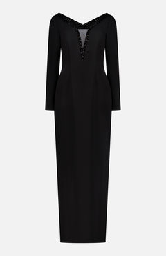 The PAMELLA ROLAND Embellished Neckline Crepe Gown is a sleek black maxi dress with long sleeves and a deep, beaded V-neckline—perfect for special occasions and making a statement.
