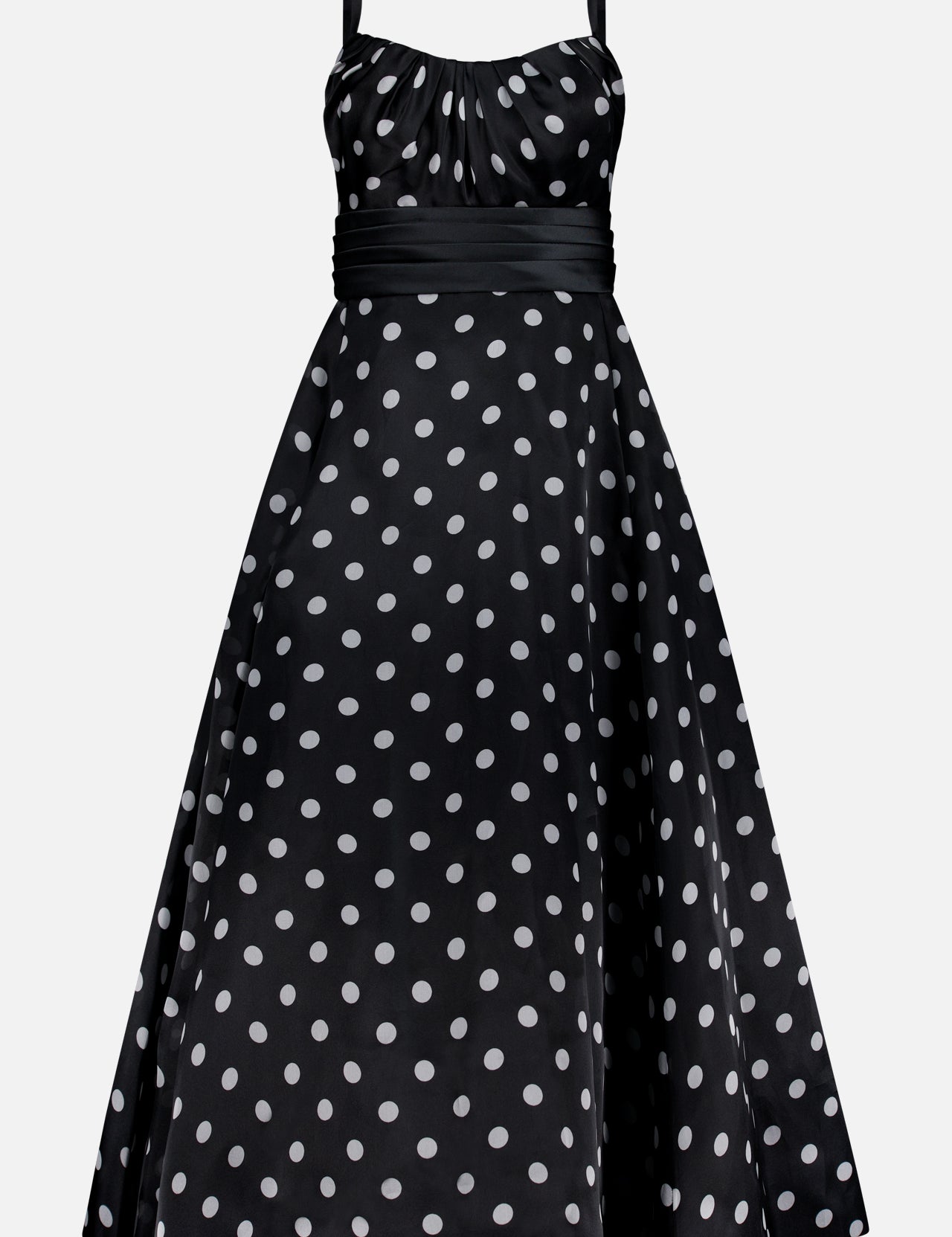 The PAMELLA ROLAND Polka Dot Organza Gown features a sleeveless design, fitted bodice, gathered details, wide waistband, and flared A-line skirt—an elegant black dress with polka dots shown on a plain white background.