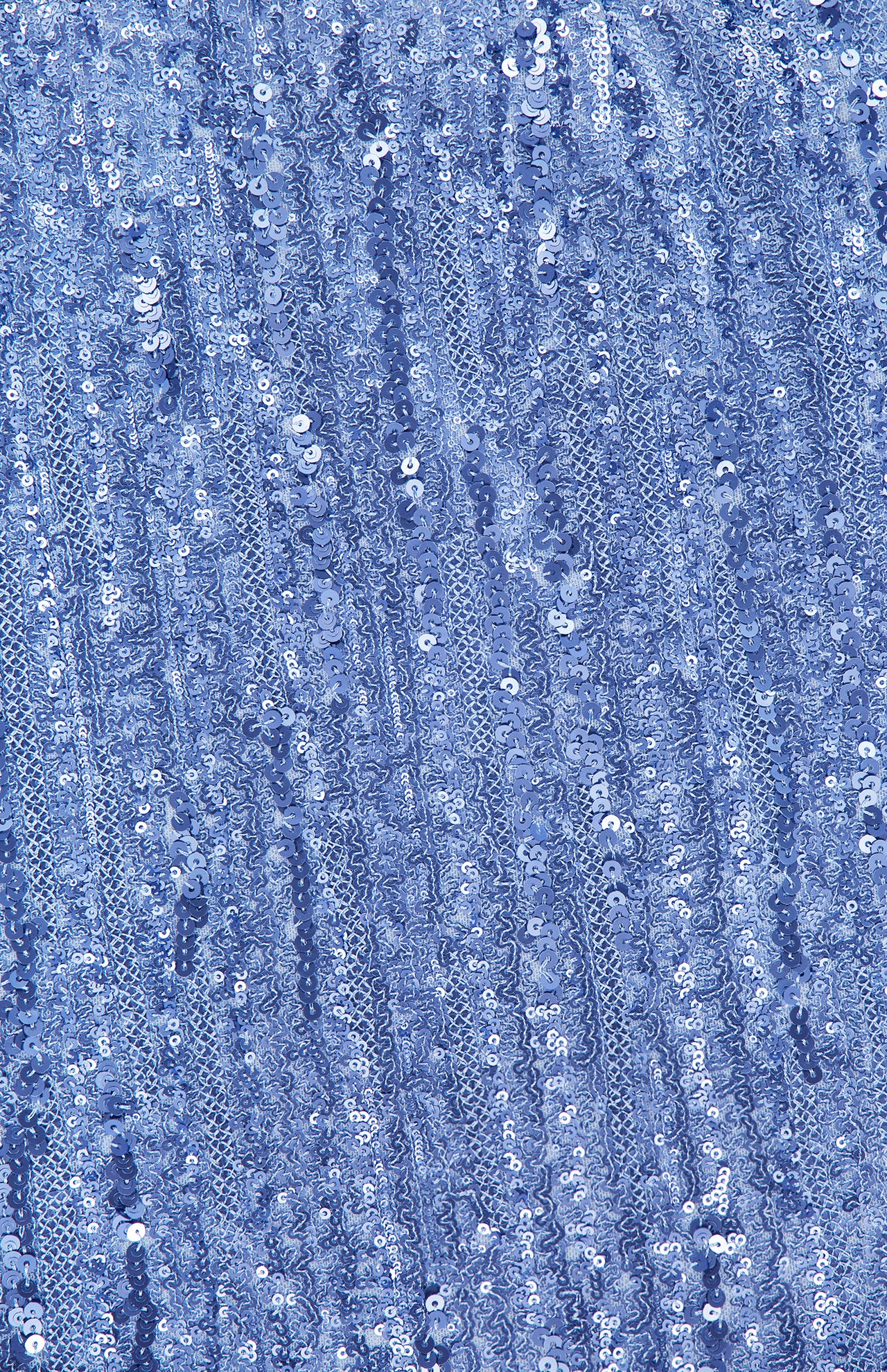 Close-up of shimmering blue sequins densely sewn onto the PAMELLA ROLAND Chiffon Overlay Sequin Gown, creating a sparkling, textured look as light reflects off each piece—ideal for formal events.