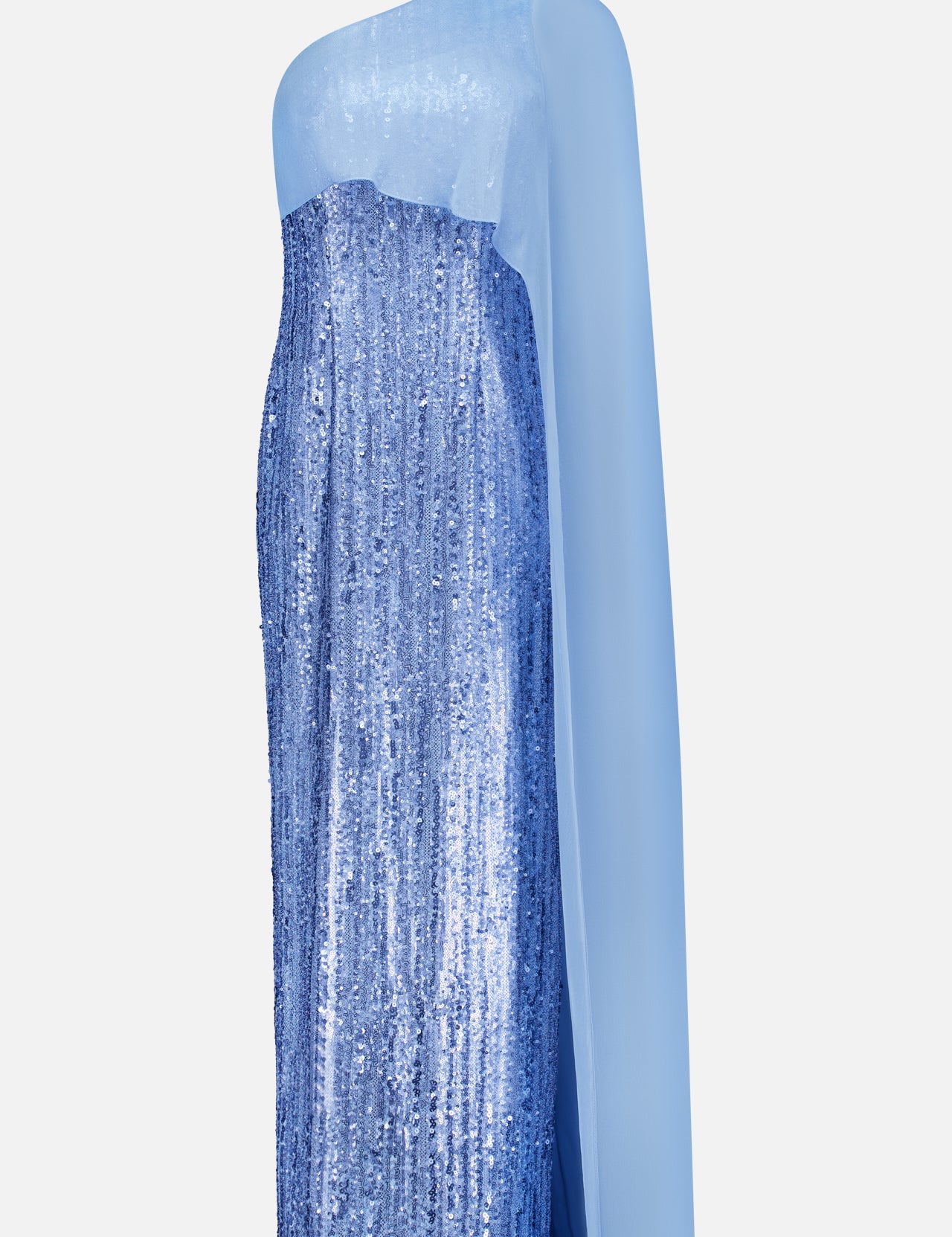 The PAMELLA ROLAND Chiffon Overlay Sequin Gown features a shimmering sky blue hue, one-shoulder design with a sheer flowing sleeve, and fitted silhouette—ideal for formal occasions.