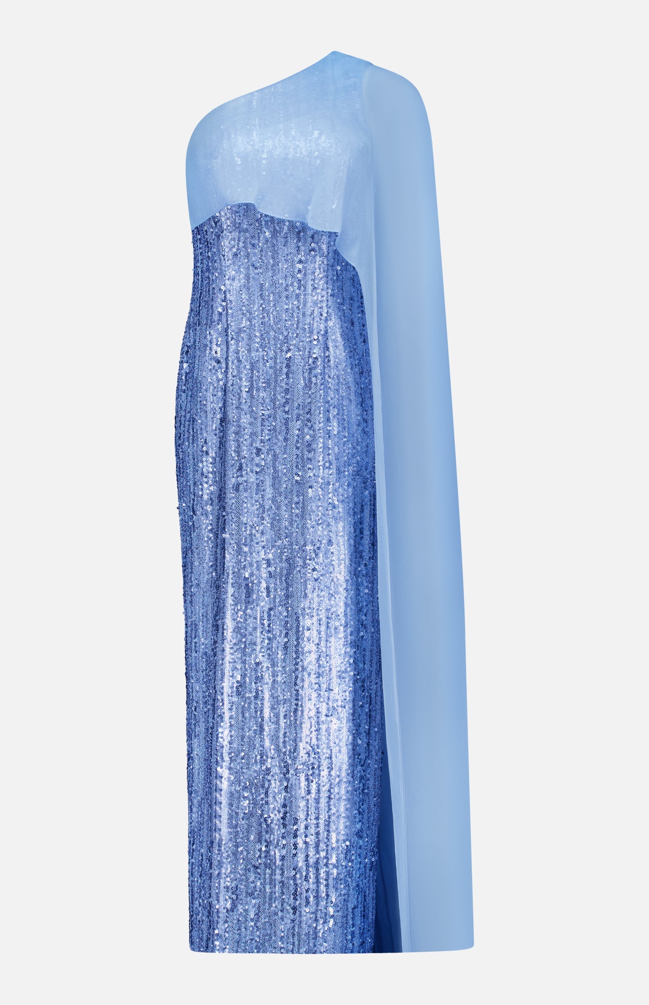 The PAMELLA ROLAND Chiffon Overlay Sequin Gown features a shimmering sky blue hue, one-shoulder design with a sheer flowing sleeve, and fitted silhouette—ideal for formal occasions.
