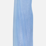 The PAMELLA ROLAND Chiffon Overlay Sequin Gown is a light blue, knee-length, one-shoulder dress with a shimmery sheer cape sleeve—perfect for formal occasions—shown against a plain white background.