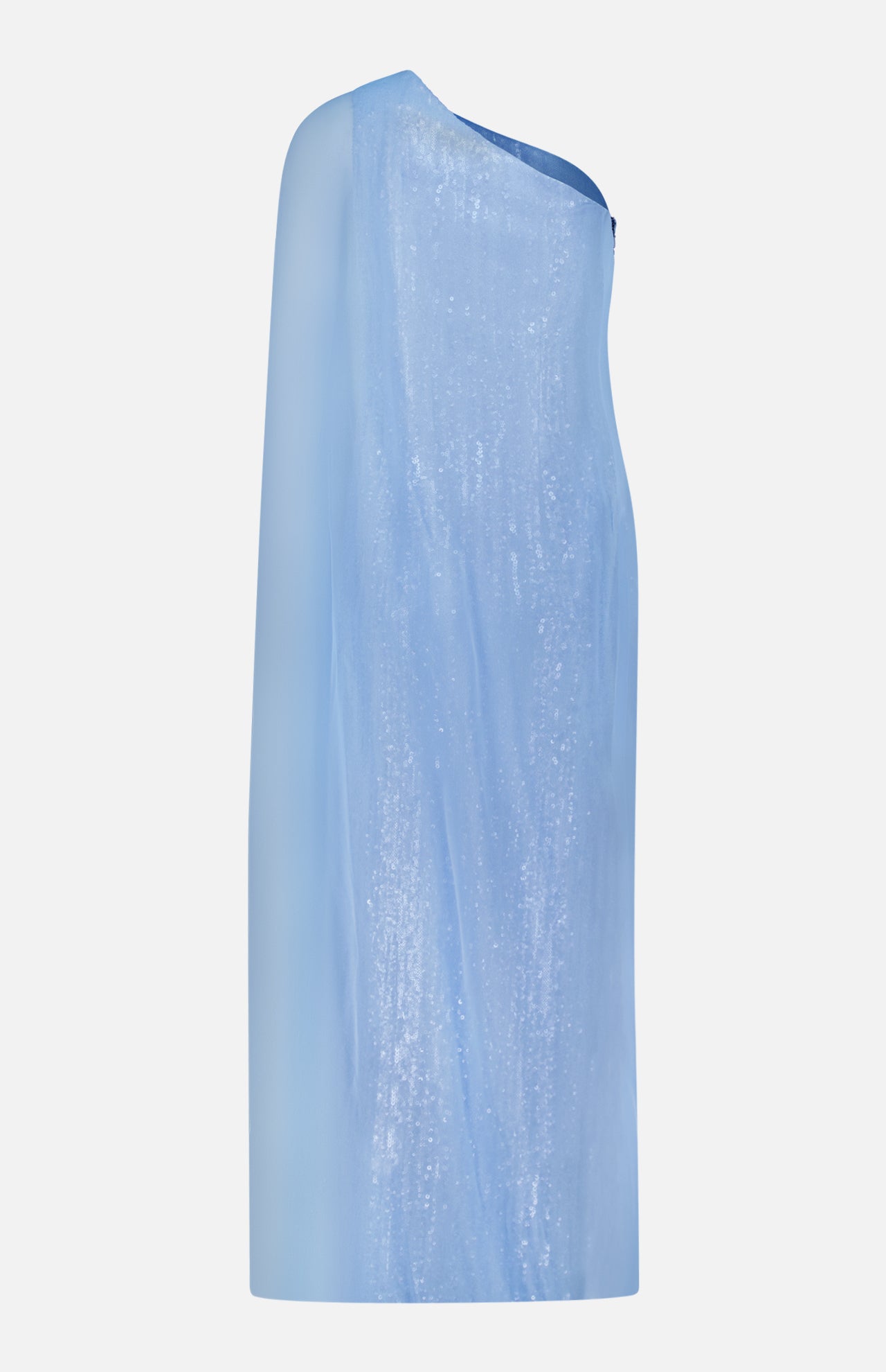 The PAMELLA ROLAND Chiffon Overlay Sequin Gown is a light blue, knee-length, one-shoulder dress with a shimmery sheer cape sleeve—perfect for formal occasions—shown against a plain white background.