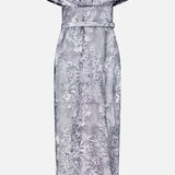The PAMELLA ROLAND Glossy Floral Jacquard Gown is a silver and lavender off-the-shoulder, knee-length special occasion dress with a subtle floral pattern and matching belt, displayed against a plain white background.