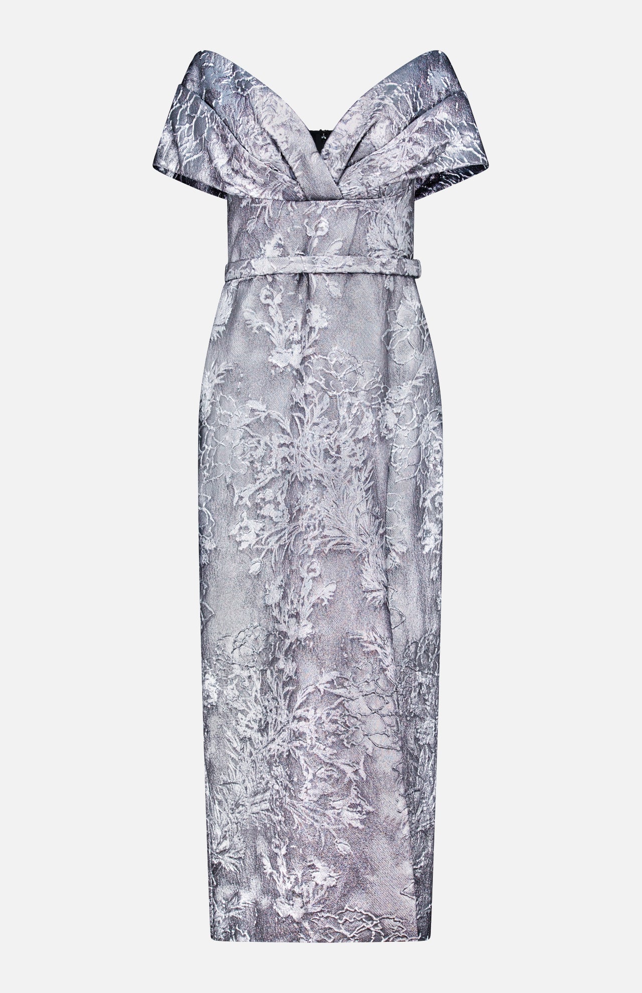 The PAMELLA ROLAND Glossy Floral Jacquard Gown is a silver and lavender off-the-shoulder, knee-length special occasion dress with a subtle floral pattern and matching belt, displayed against a plain white background.
