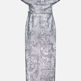 The PAMELLA ROLAND Glossy Floral Jacquard Gown is a knee-length, off-the-shoulder silver dress with a subtle textured floral pattern, fitted waist, and straight skirt, shown against a plain white background.