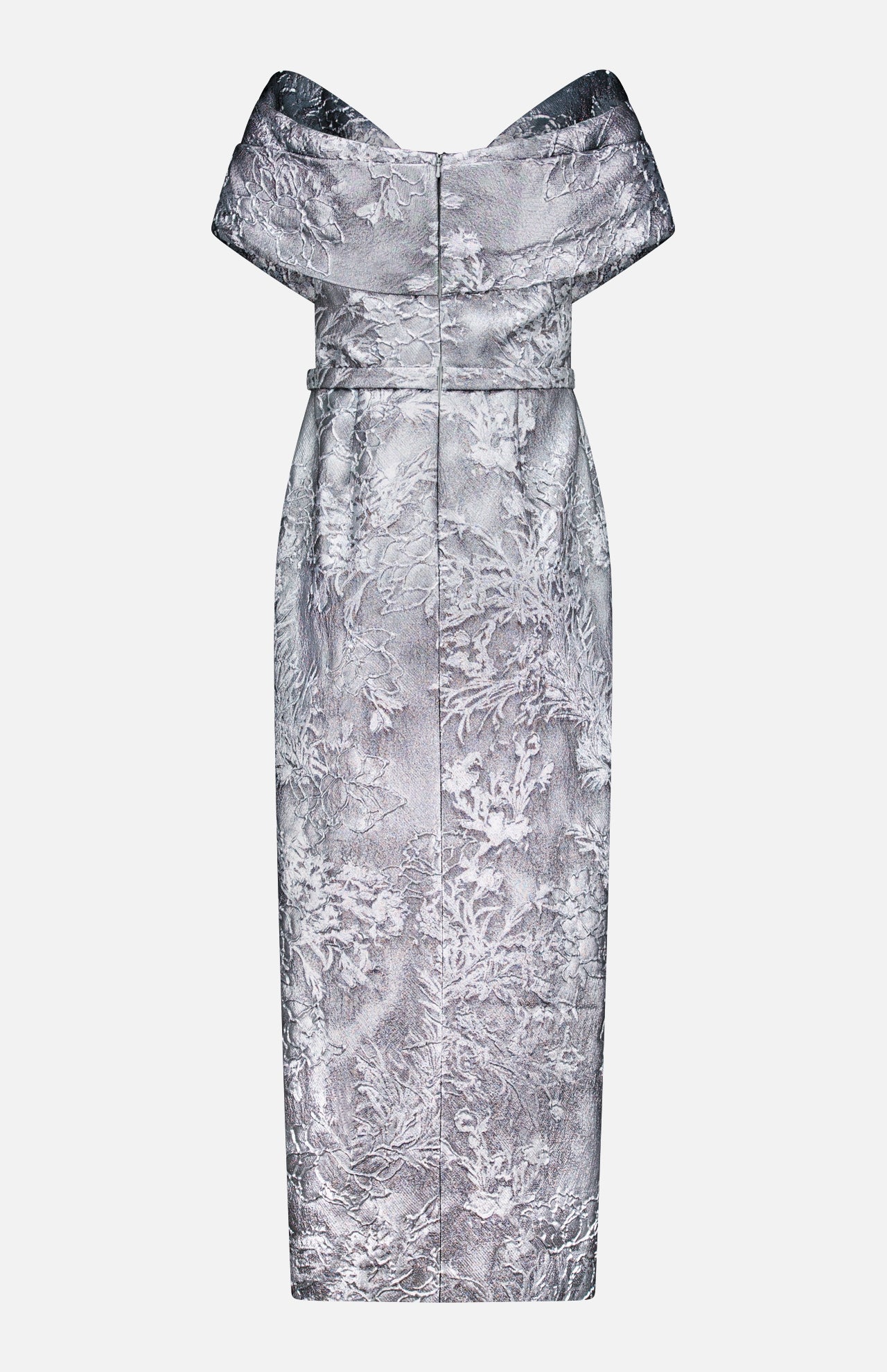 The PAMELLA ROLAND Glossy Floral Jacquard Gown is a knee-length, off-the-shoulder silver dress with a subtle textured floral pattern, fitted waist, and straight skirt, shown against a plain white background.