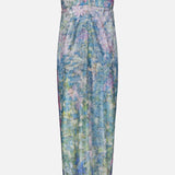 The Printed Sequin Gown by PAMELLA ROLAND is a strapless, midi-length column dress with a fitted bodice and an eye-catching pastel sequin pattern in shades of blue, purple, green, and pink. The straight, form-fitting skirt offers a modern twist on the classic silhouette with its multicolored iridescent sequins.