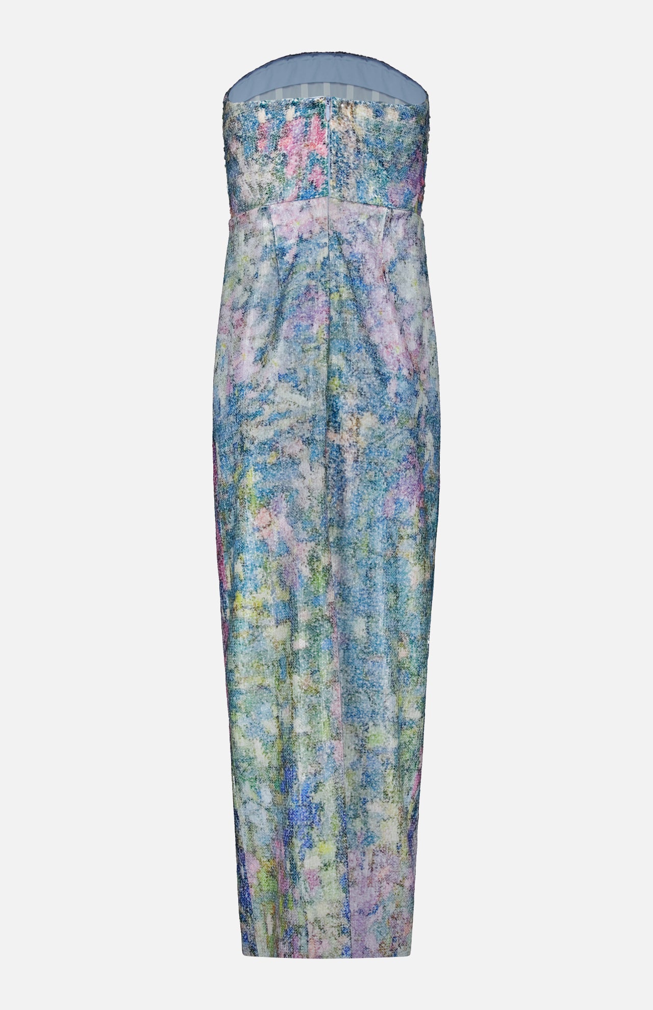 The Printed Sequin Gown by PAMELLA ROLAND is a strapless, midi-length column dress with a fitted bodice and an eye-catching pastel sequin pattern in shades of blue, purple, green, and pink. The straight, form-fitting skirt offers a modern twist on the classic silhouette with its multicolored iridescent sequins.