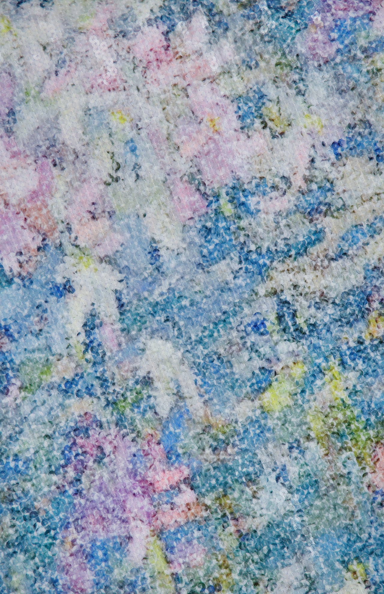 Close-up of a textured abstract painting with dabs of blue, pink, purple, yellow, and white, creating a soft, impressionistic pattern reminiscent of the delicate shimmer featured on the PAMELLA ROLAND Printed Sequin Gown.