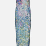 The PAMELLA ROLAND Printed Sequin Gown is a strapless, form-fitting midi dress adorned with a pastel watercolor pattern in shades of blue, purple, pink, and yellow on a white background. Inspired by the elegance of a strapless column dress, this piece features a straight neckline and a pencil skirt silhouette for a sleek and modern look.