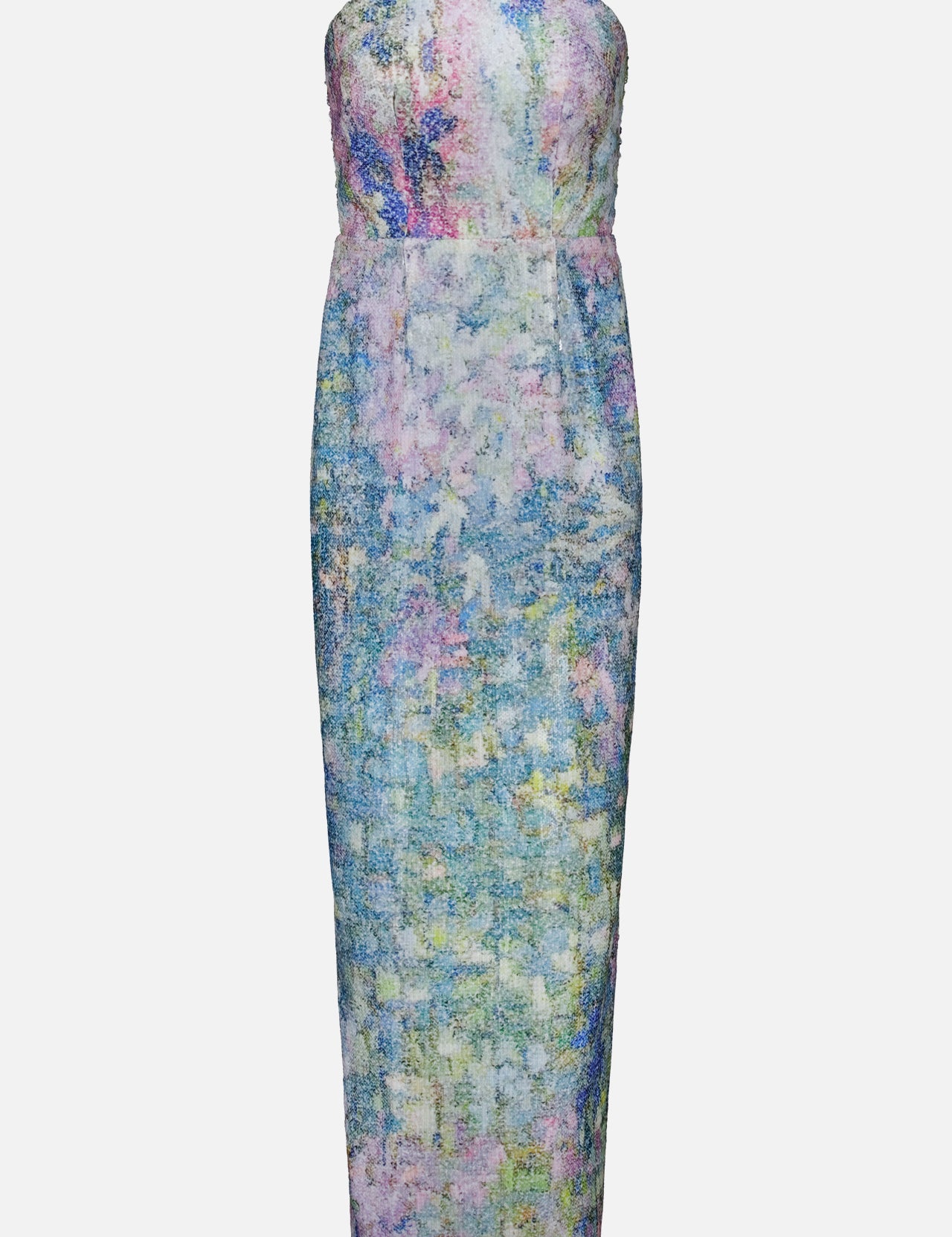 The PAMELLA ROLAND Printed Sequin Gown is a strapless, form-fitting midi dress adorned with a pastel watercolor pattern in shades of blue, purple, pink, and yellow on a white background. Inspired by the elegance of a strapless column dress, this piece features a straight neckline and a pencil skirt silhouette for a sleek and modern look.