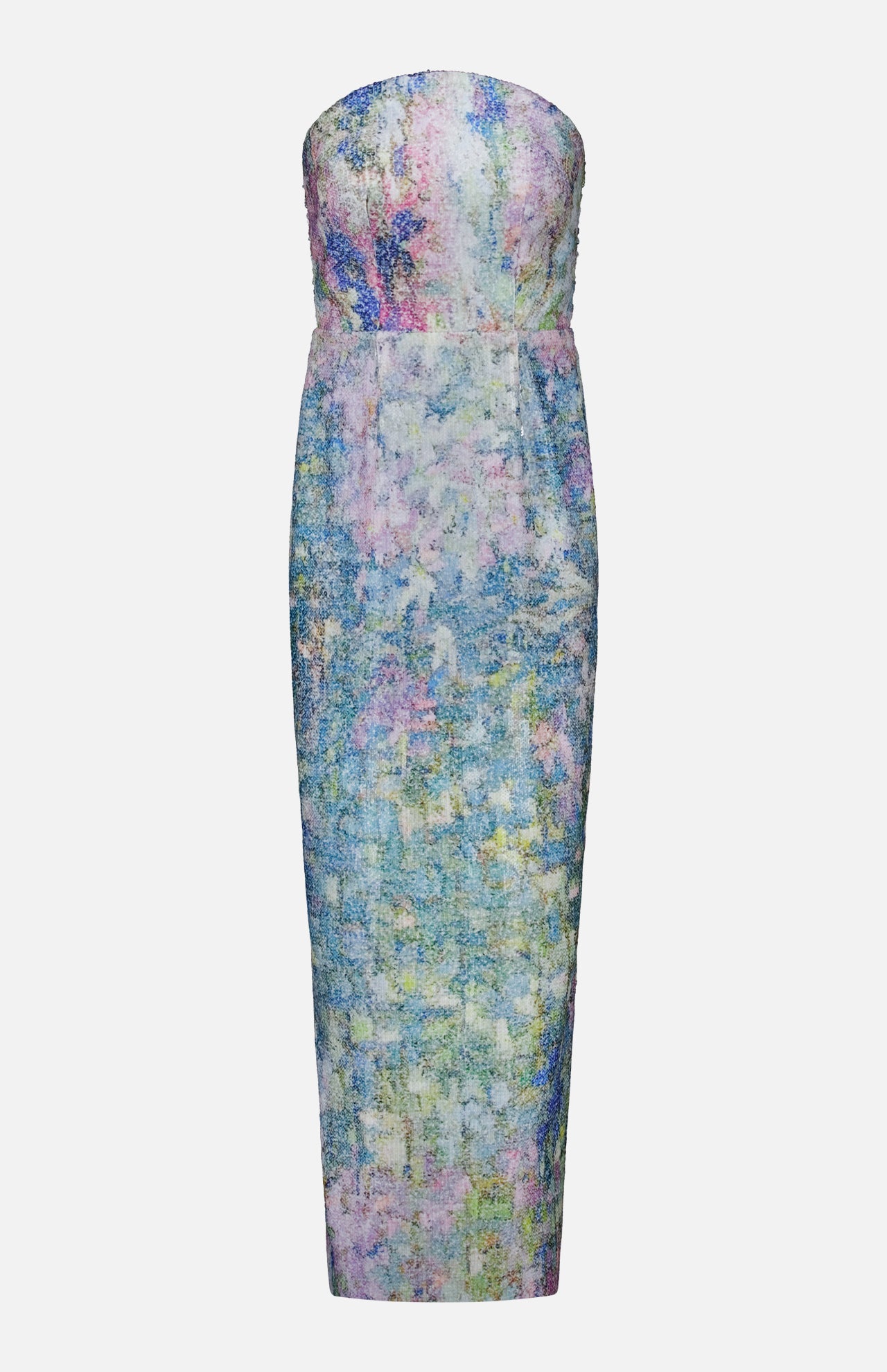 The PAMELLA ROLAND Printed Sequin Gown is a strapless, form-fitting midi dress adorned with a pastel watercolor pattern in shades of blue, purple, pink, and yellow on a white background. Inspired by the elegance of a strapless column dress, this piece features a straight neckline and a pencil skirt silhouette for a sleek and modern look.
