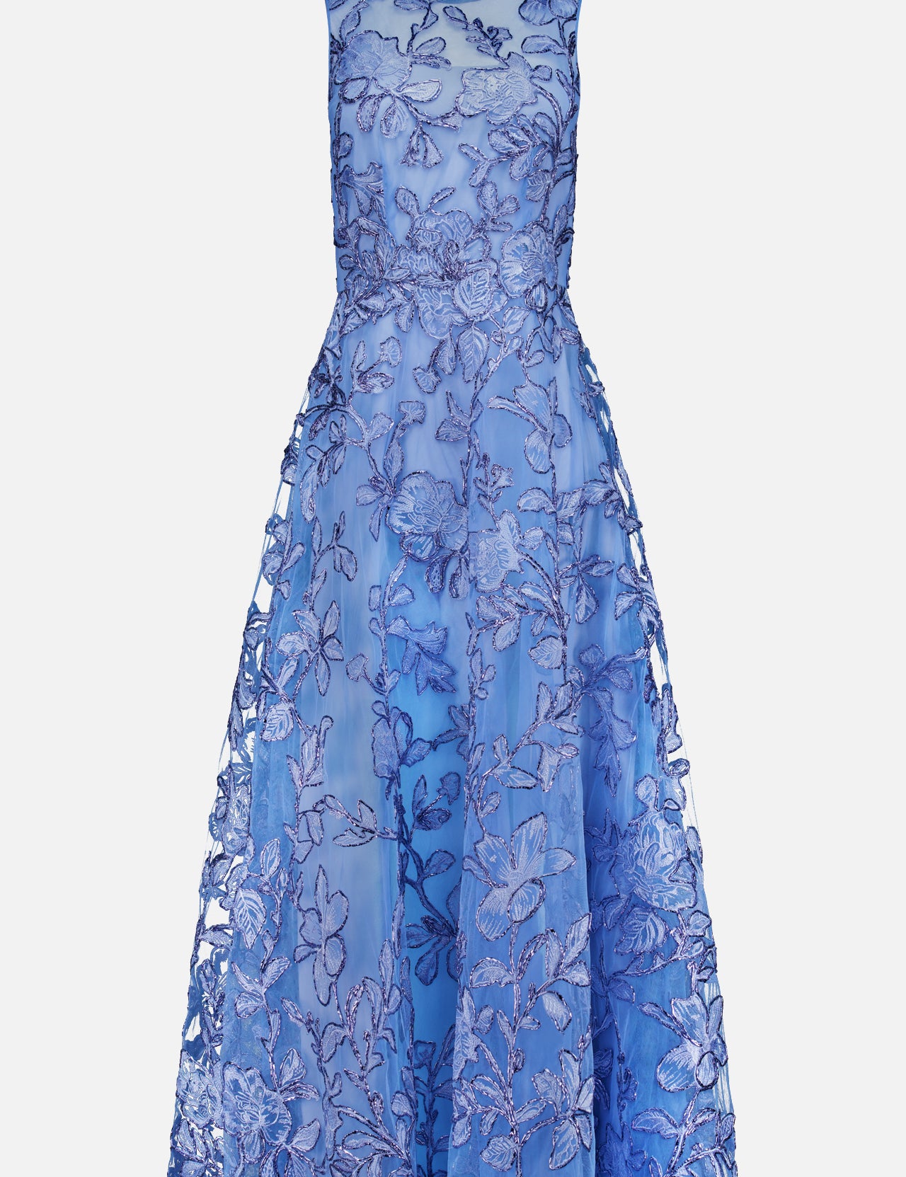 The Raffia Embellished Gown by PAMELLA ROLAND is a sleeveless, cornflower blue dress with a fitted bodice, flared mid-length skirt, intricate floral pattern, and sheer detailing on the upper chest and shoulders.