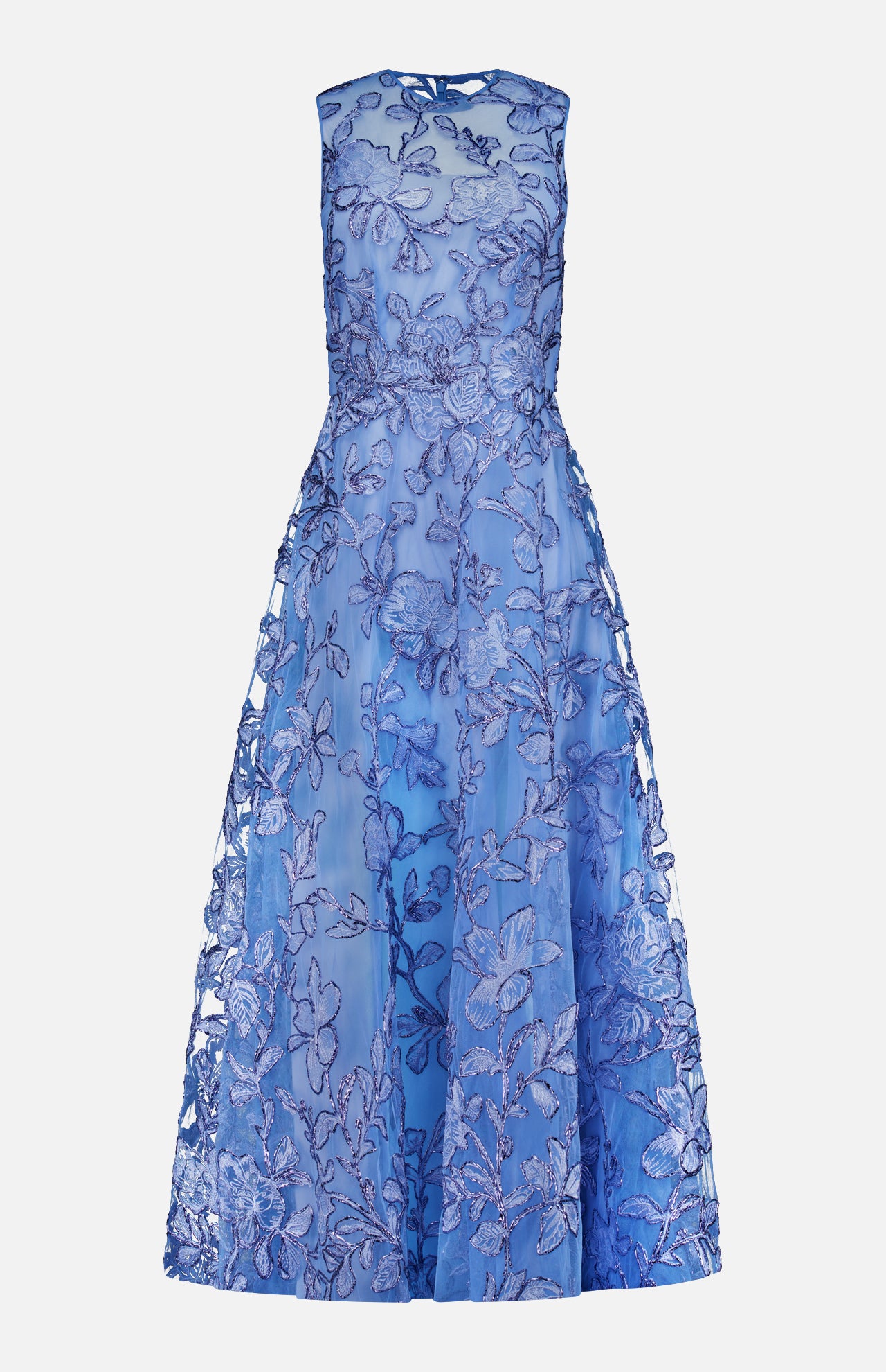 The Raffia Embellished Gown by PAMELLA ROLAND is a sleeveless, cornflower blue dress with a fitted bodice, flared mid-length skirt, intricate floral pattern, and sheer detailing on the upper chest and shoulders.