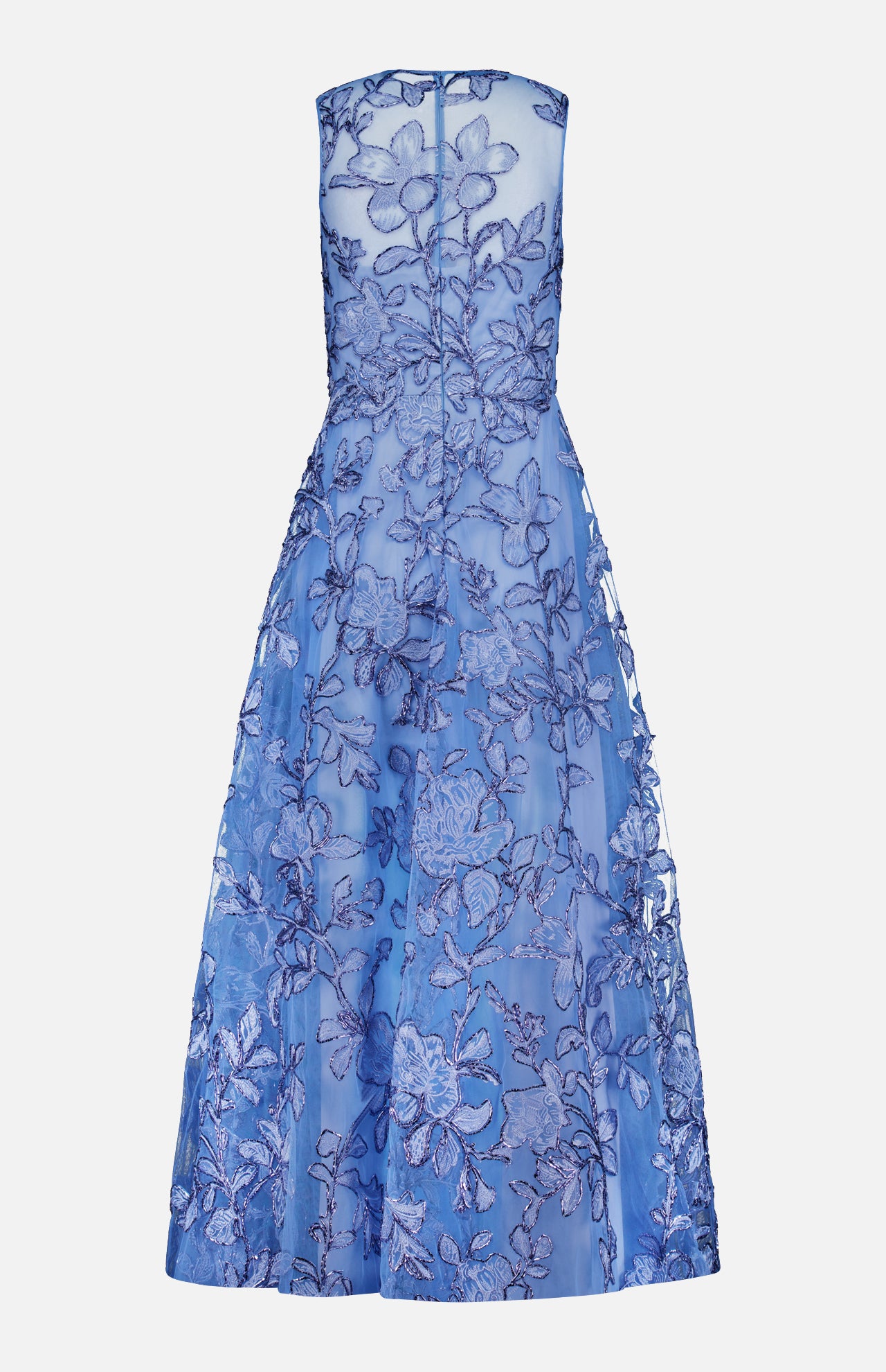 The PAMELLA ROLAND Raffia Embellished Gown is a sleeveless cornflower blue dress with a sheer overlay, floral embroidery, fitted bodice, tea-length flared skirt, zipper back closure, and elegant detailing—perfect for special occasions.