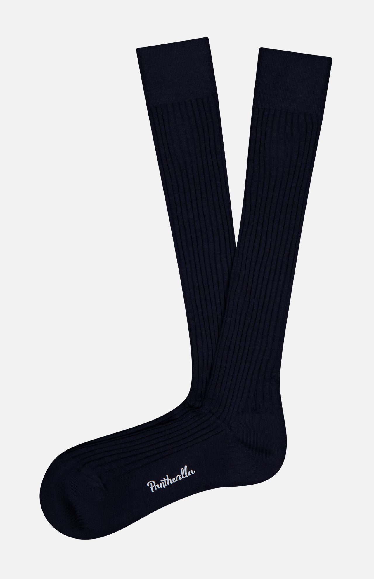 A pair of Laburnum Long 5x3 Rib Socks by PANTHERELLA in navy blue lies flat on a white background, with one sock featuring the PANTHERELLA logo in white near the toe.