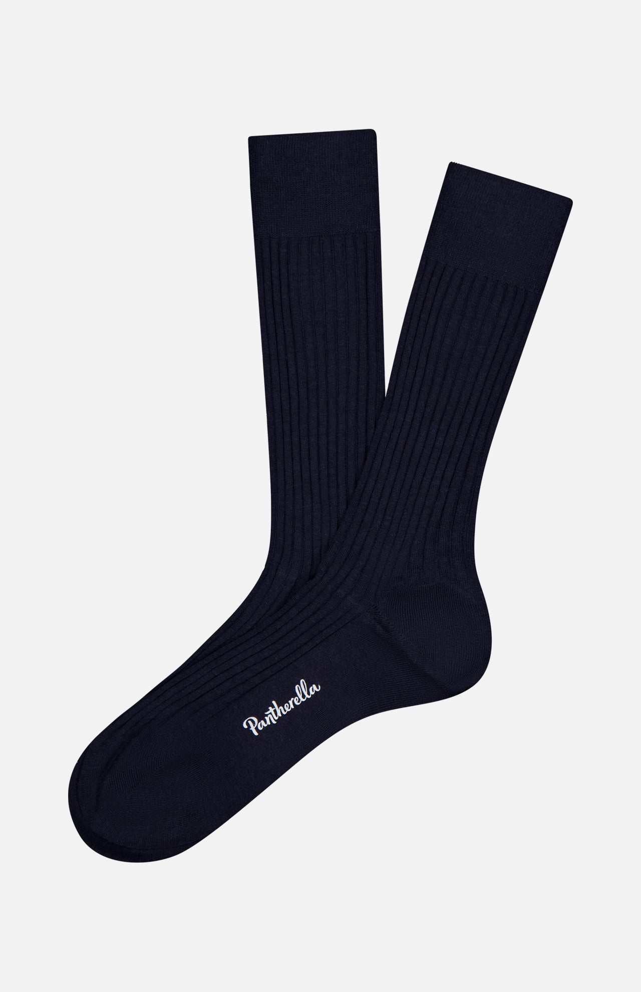A pair of Laburnum Short 5x3 Rib Socks by PANTHERELLA in dark navy blue are laid flat on a white background, one slightly overlapping the other, with "PANTHERELLA" embroidered in white near the toe.