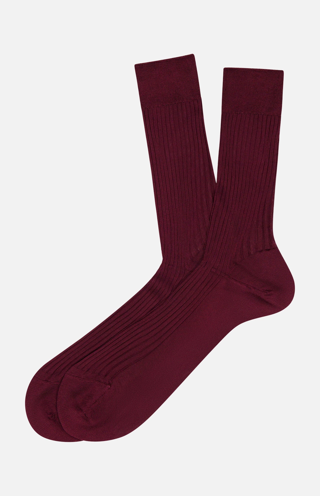 A pair of ribbed, burgundy Baffin Silk Tailored Socks by Pantherella.