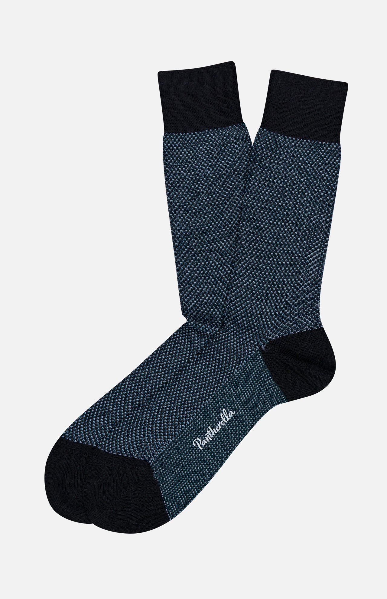Blenheim Birdseye Merino Wool Socks in navy blue and black with a patterned design and solid cuffs, heels, and toes.