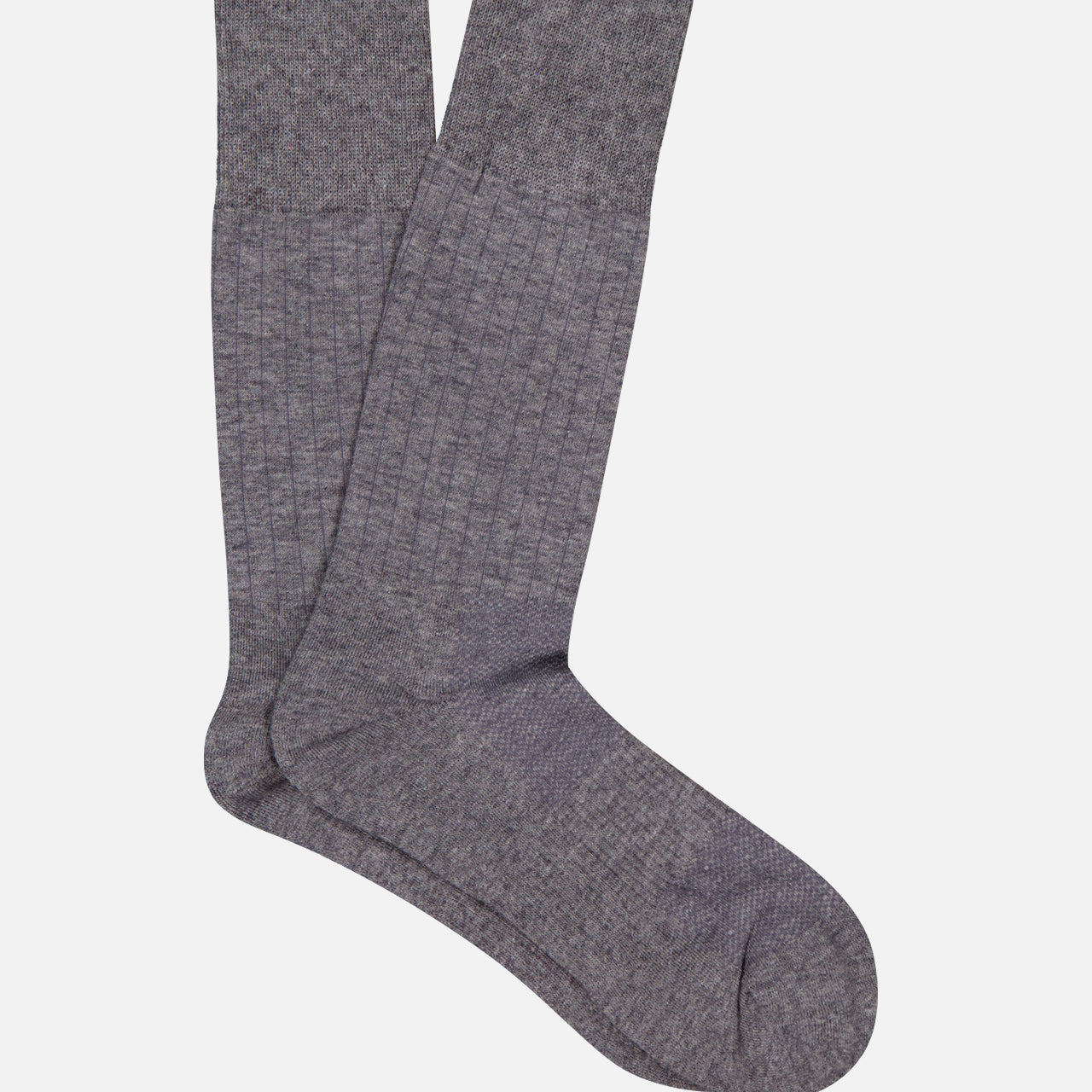 A pair of Finchley Ribbed Socks by PANTHERELLA, in gray Merino wool, are laid flat on a white background with one overlapping the other.