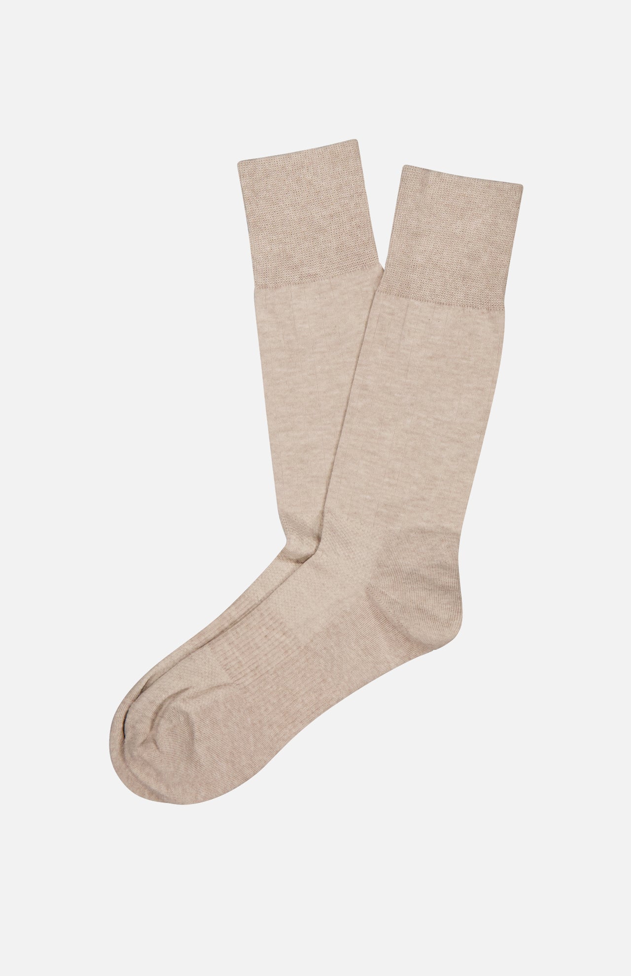 A pair of Finchley Ribbed Socks by PANTHERELLA in light beige, crew-length, laid flat on a white background.