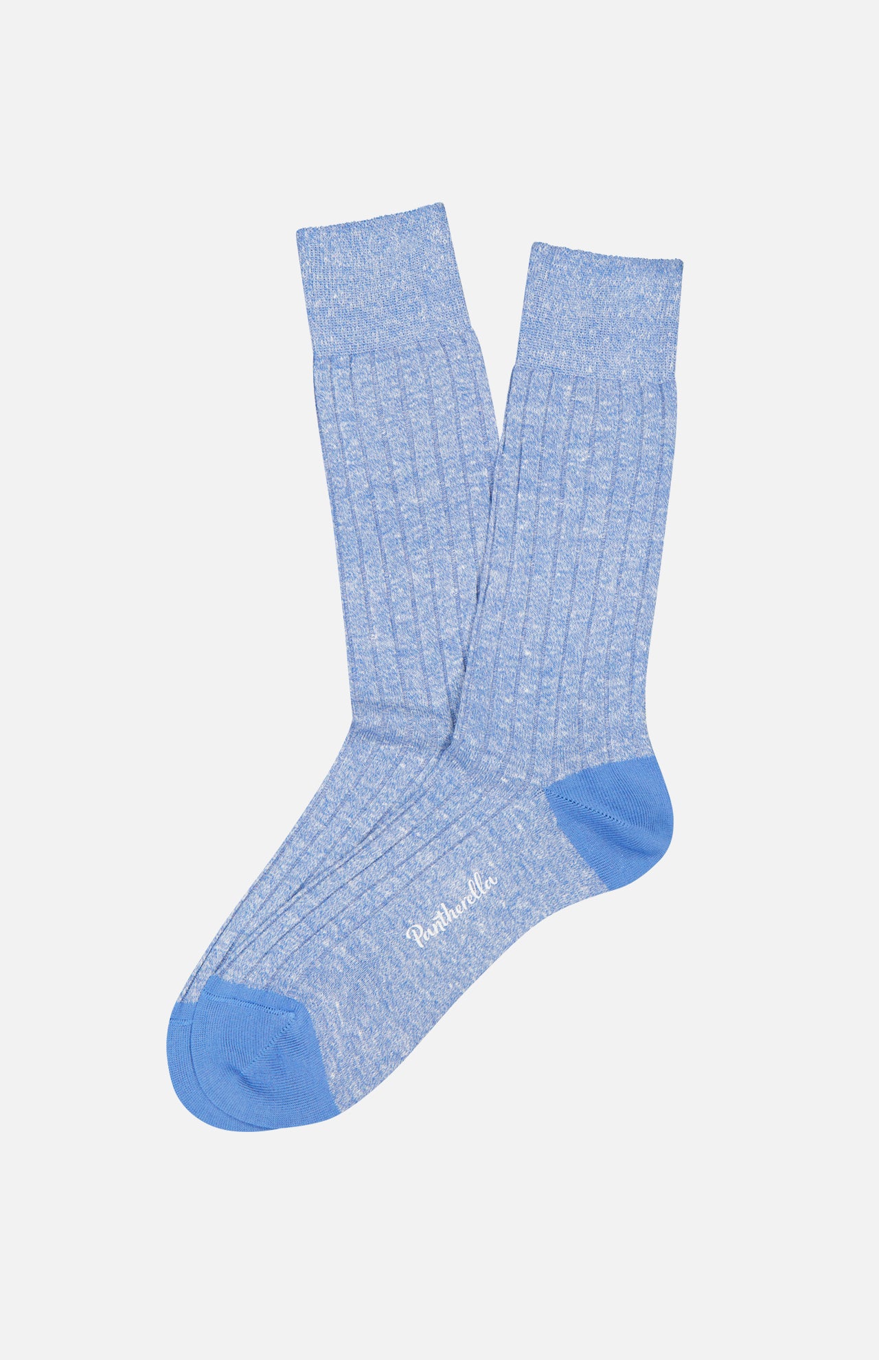 The Hamada Marled Sock by PANTHERELLA is a light blue ribbed pair with darker blue heels, toes, and cuffs, plus the brand name in white on the sole, shown against a plain white background.