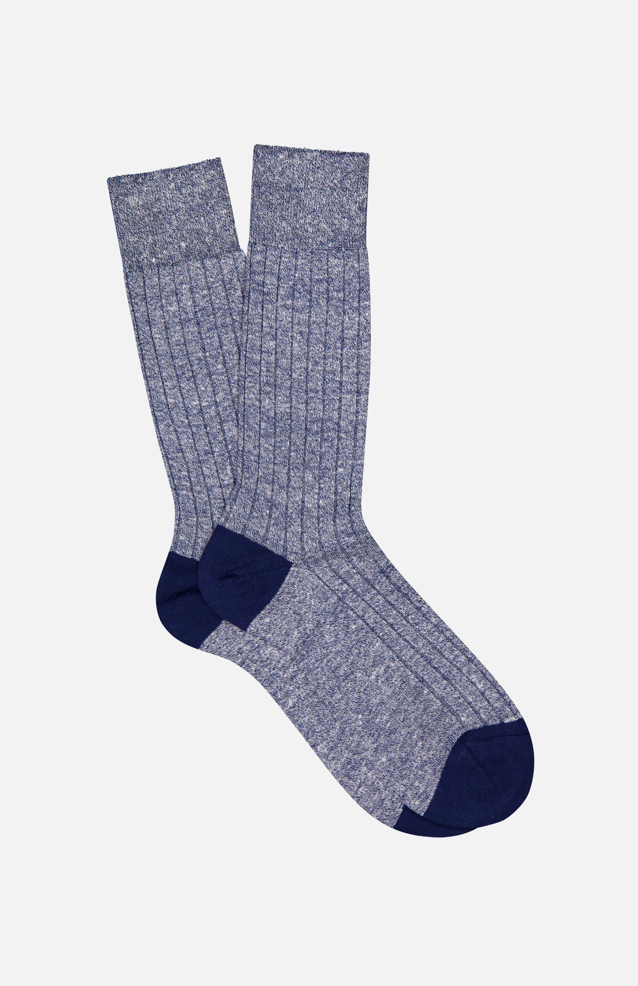 The PANTHERELLA Hamada Sock is a pair of heathered blue ribbed linen-blend socks with solid navy heels, toes, and cuffs, shown against a plain white background.