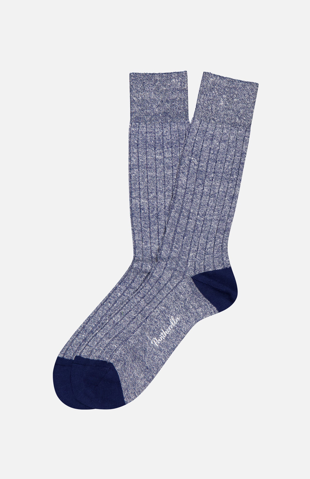A pair of Hamada Sock by PANTHERELLA in heathered blue, featuring ribbed crew design and dark navy heels and toes. The socks overlap, with “Pantherella” printed in white near the toes.