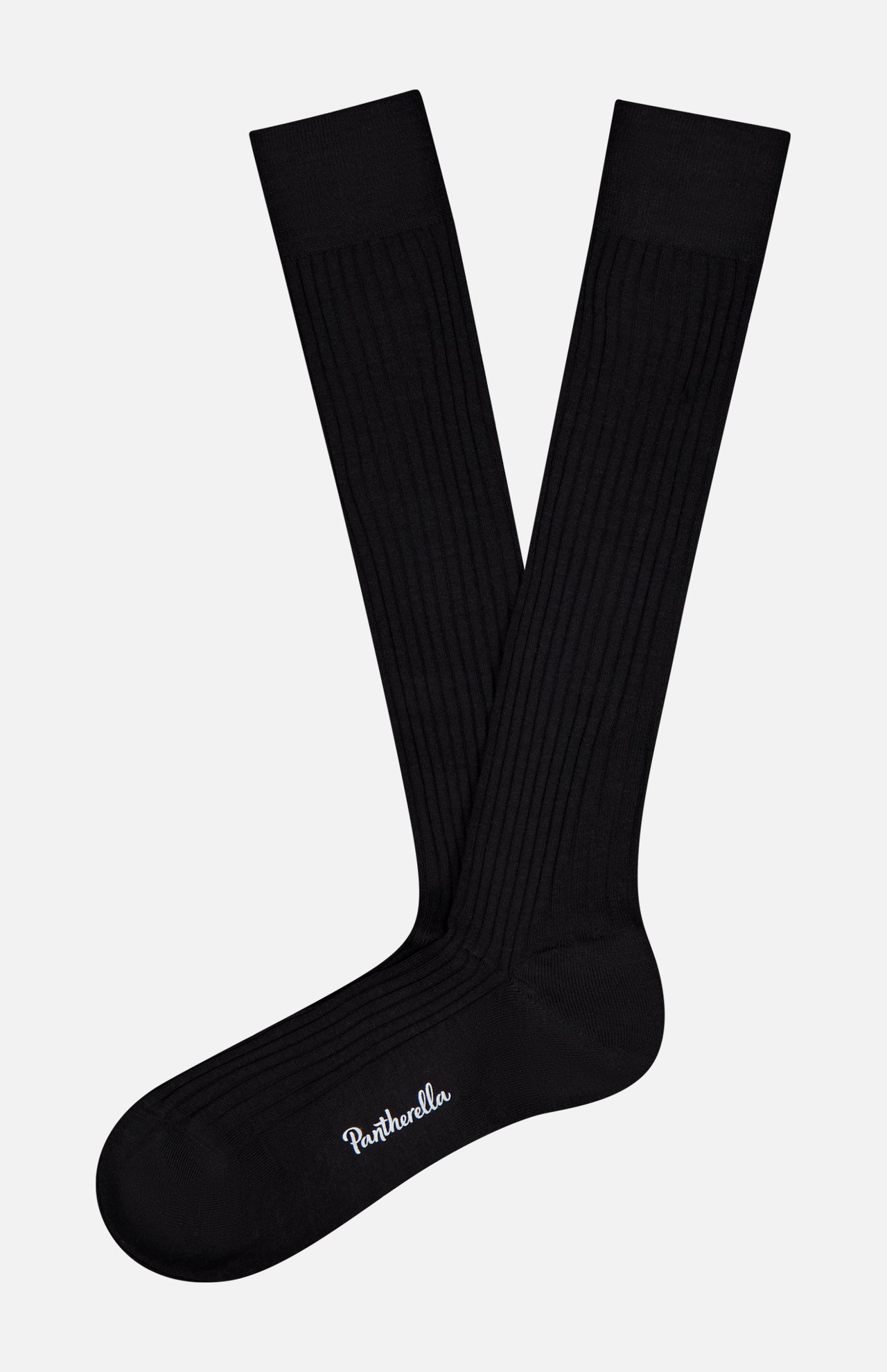 A pair of PANTHERELLA Laburnum Long 5x3 Rib Socks, black and ribbed with "Pantherella" embroidered in white near the toe, shown on a plain white background.
