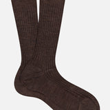 A pair of PANTHERELLA Laburnum Short 5x3 Rib Socks in brown Merino wool laid flat on a white background, with one sock slightly overlapping the other.