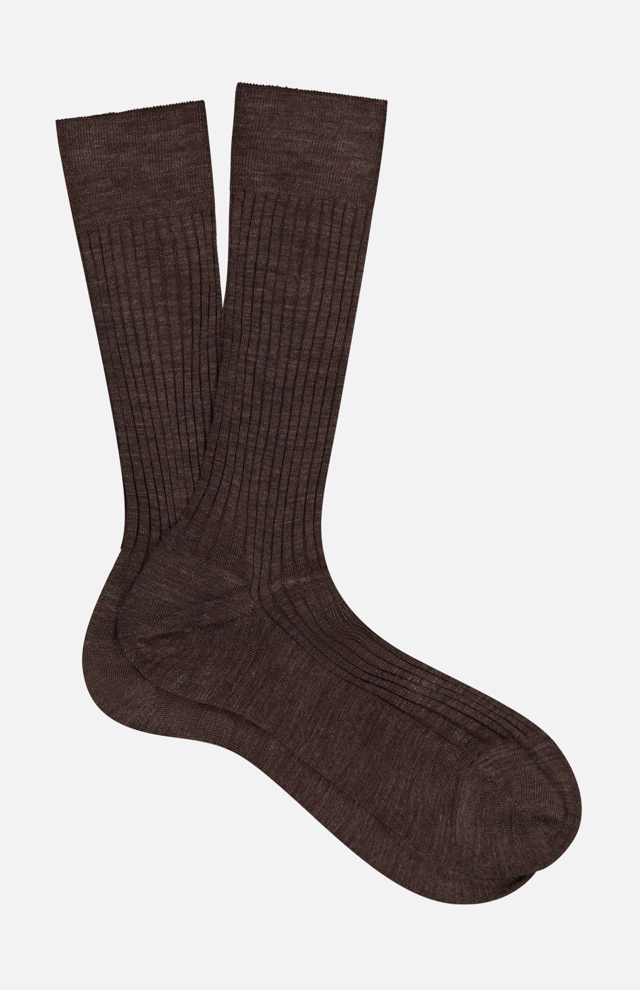 A pair of PANTHERELLA Laburnum Short 5x3 Rib Socks in brown Merino wool laid flat on a white background, with one sock slightly overlapping the other.