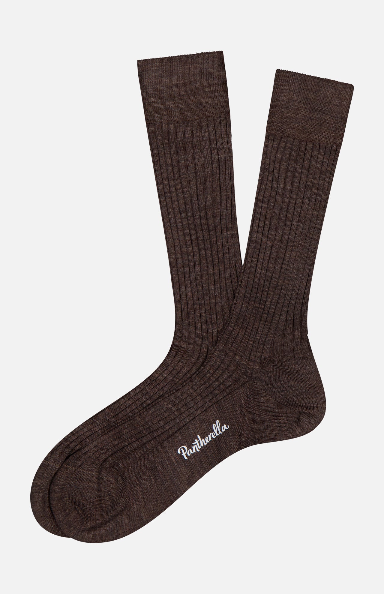 A pair of brown Laburnum Short 5x3 Rib Socks by PANTHERELLA, made from Merino wool with the brand embroidered in white on one sole, crafted in England and shown on a plain white background.