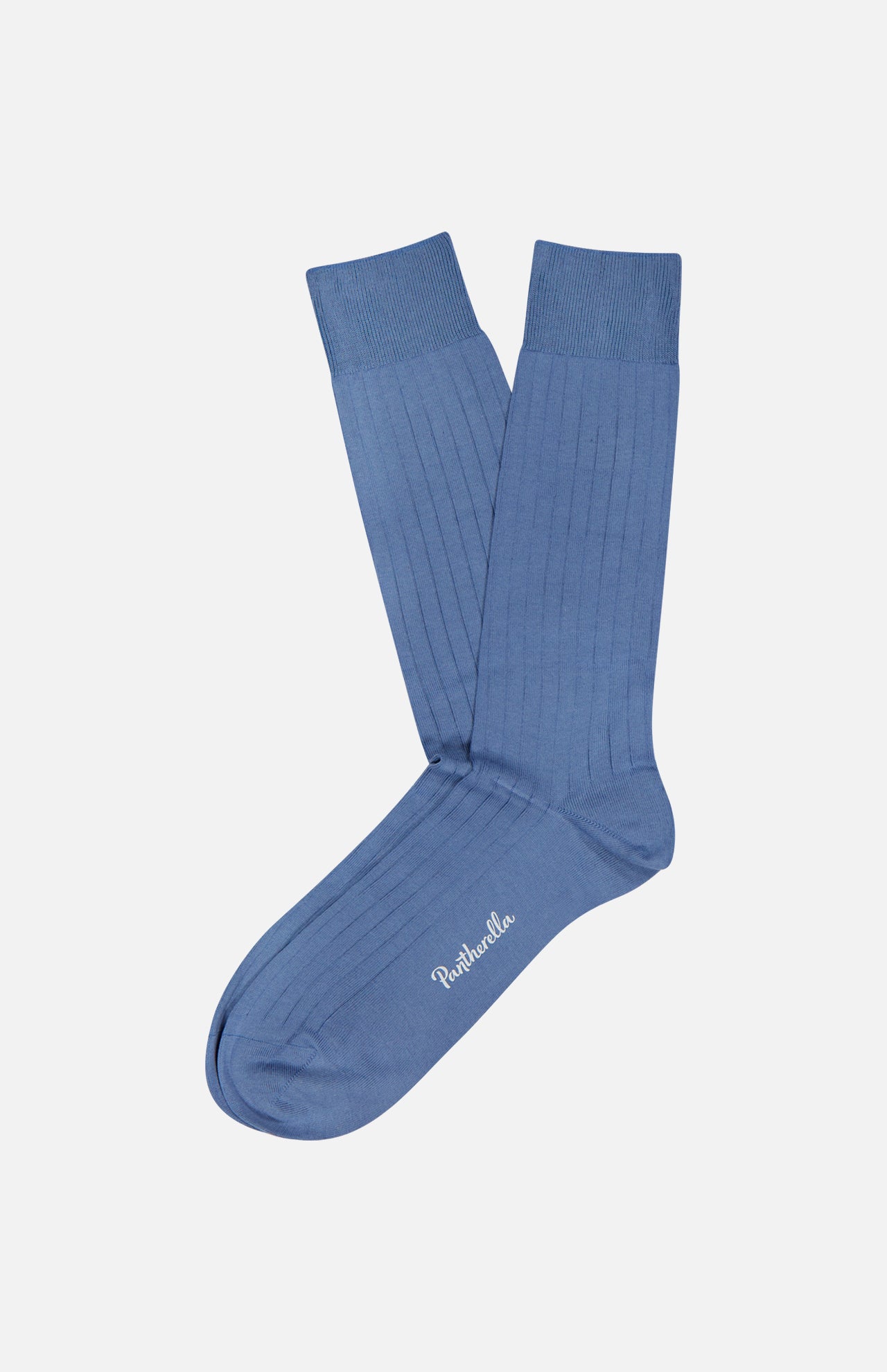A pair of PANTHERELLA Pembrey Ribbed Socks in light blue, featuring white brand embroidery near the toe, displayed on a plain white background.