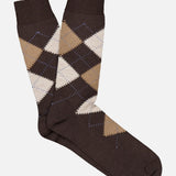 Pantherella Racton Argyle Merino Wool Socks in brown with a tan and white argyle pattern.
