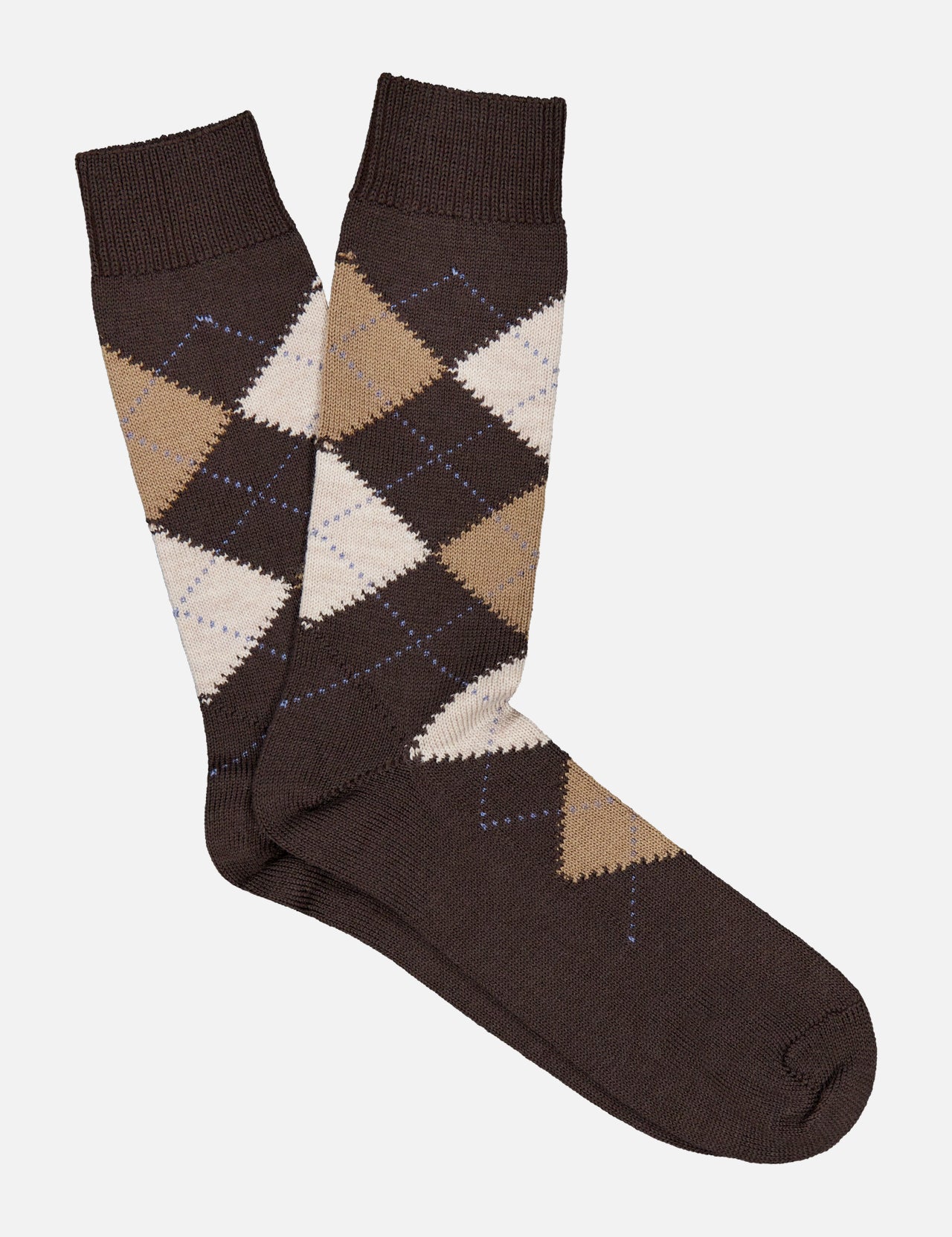 Pantherella Racton Argyle Merino Wool Socks in brown with a tan and white argyle pattern.