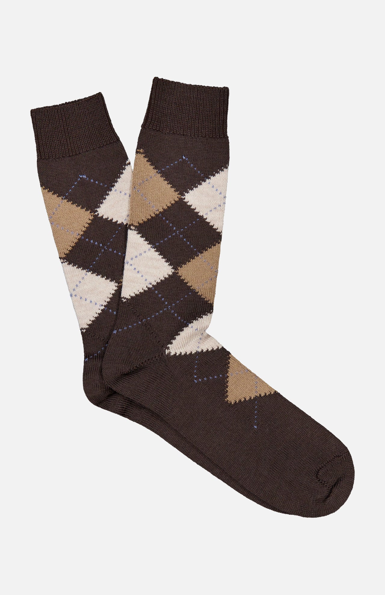 Pantherella Racton Argyle Merino Wool Socks in brown with a tan and white argyle pattern.