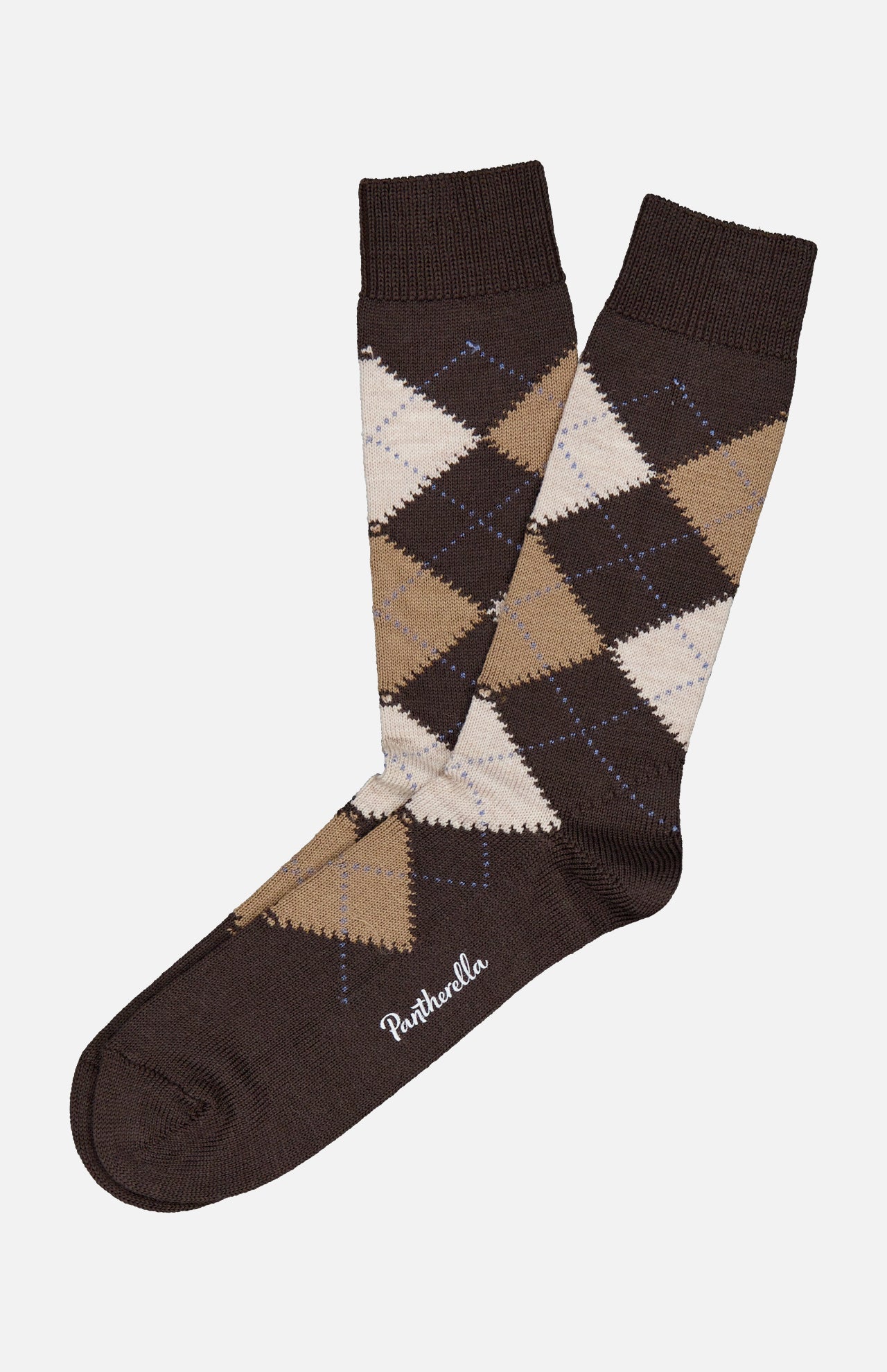 Pantherella Racton Argyle Merino Wool socks in a brown, tan, and cream argyle pattern.