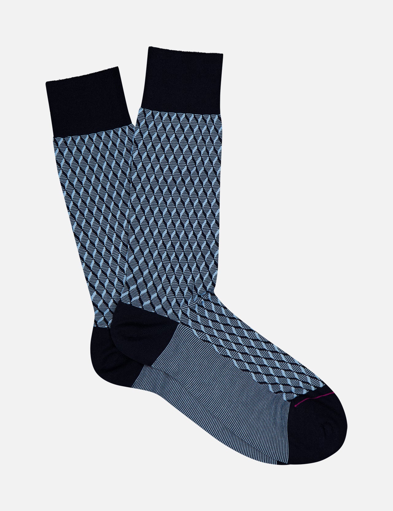 The PANTHERELLA Vaughan Patterned Sock, shown on a white background, features navy blue with eye-catching light and dark blue diamonds on the calf and stylish stripes across the foot.