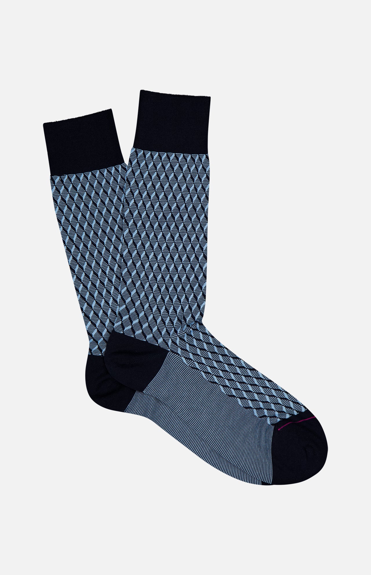The PANTHERELLA Vaughan Patterned Sock, shown on a white background, features navy blue with eye-catching light and dark blue diamonds on the calf and stylish stripes across the foot.